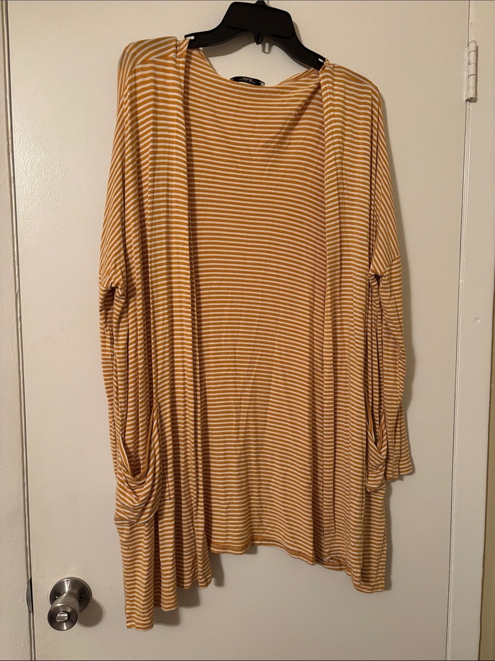 Carly Jean Los Angeles Striped Mustard and White Open-Front Cardigan